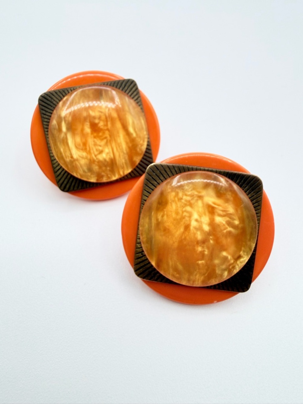 Vintage Orange & Amber Lucite Statement Clip-On Earrings - Picture 2 of 6